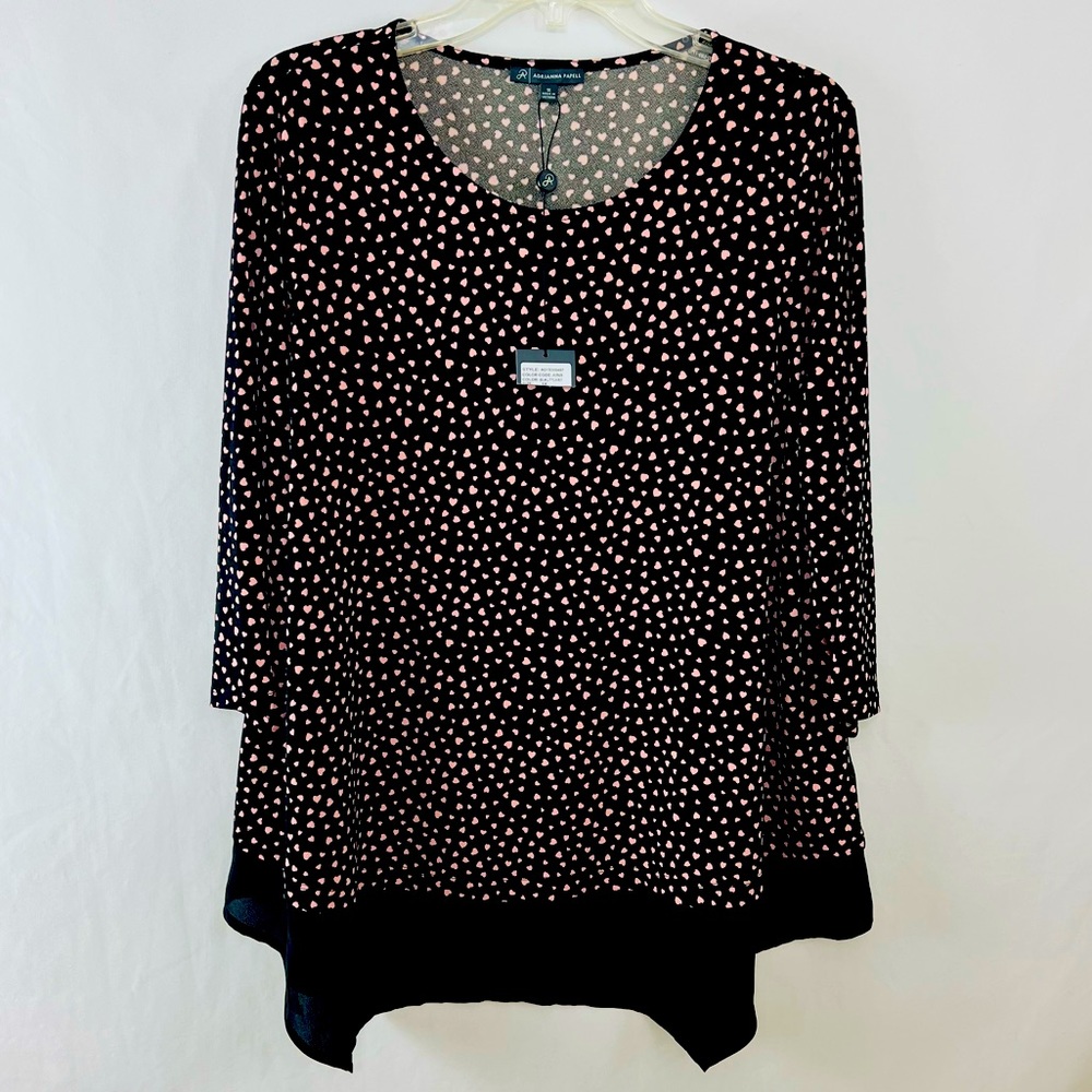 Adrianna Papell Little Pink Hearts Pattern Black Blouse